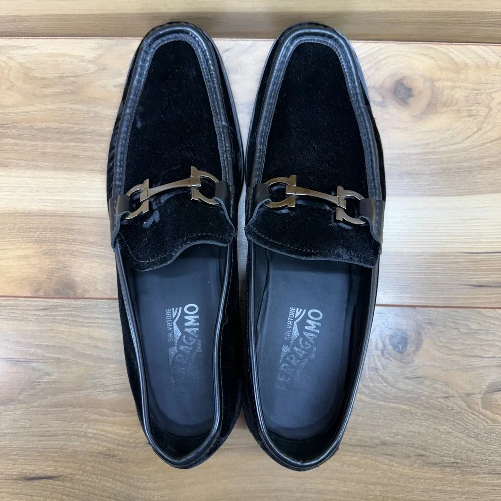 Salvatore Ferragamo Gandioso Black Velvet Loafer Men 10 E Ornament Formal Luxury